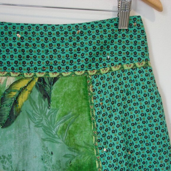 Green Floral Summer Midi Skirt Sequins Beads Cotton Made in France Size Medium - Picture 7 of 13
